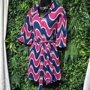 CIEBON Dress Women Small Blue Red Pleated Beaded Belt Flare Sleeve Cocktail 2770